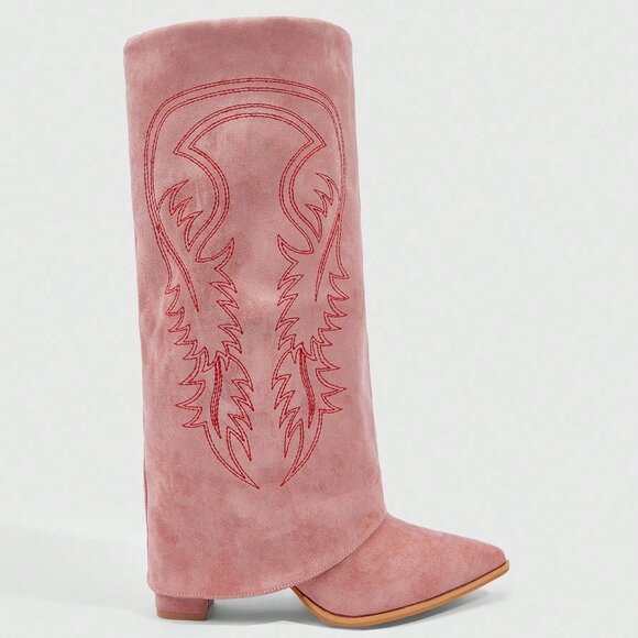 Pink Western Women's Pointed Toe Tall Chunky Heel Suede Fringe Boots - Picture 2 of 5